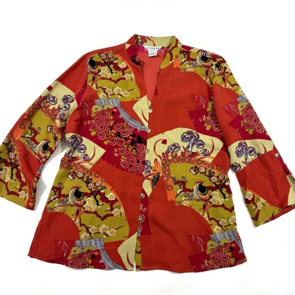 Citron Santa Monica Silk Blouse Asian Print - Picture 1 of 6